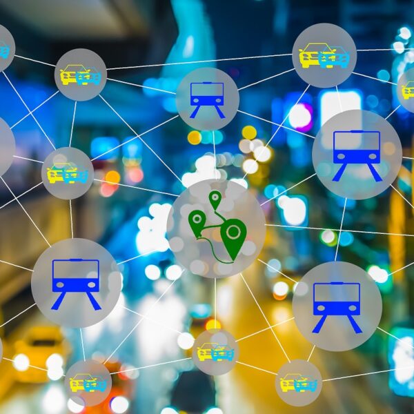 Smart transportation concept. Sharing economy and collaborative consumption. Car , train and GPS icons connected together against abstract city street light background.